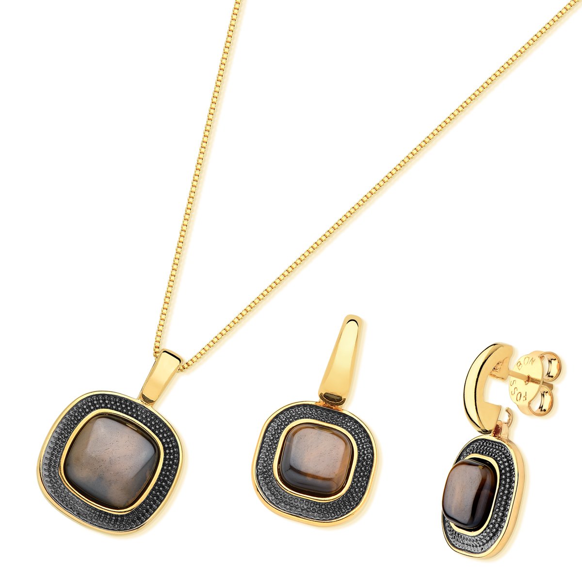 Parure plaquée or et rhodium noir avec effet nacré