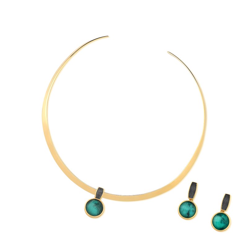 Ensemble doré avec rhodium noir et pierres circulaires