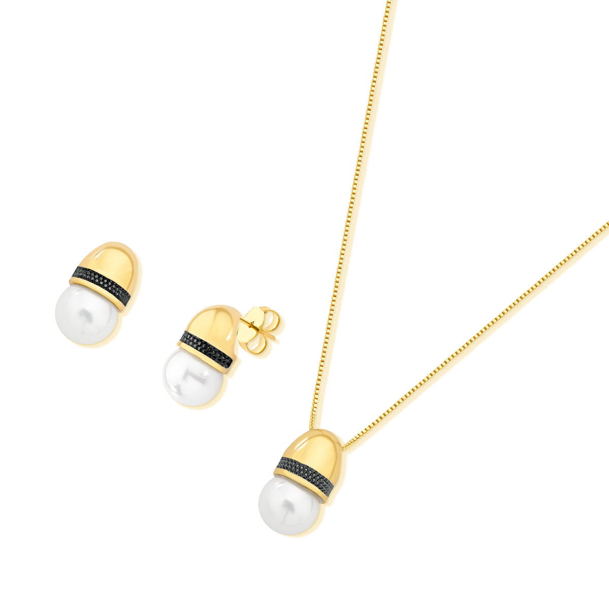 Ensemble doré avec rhodium noir et pierres circulaires